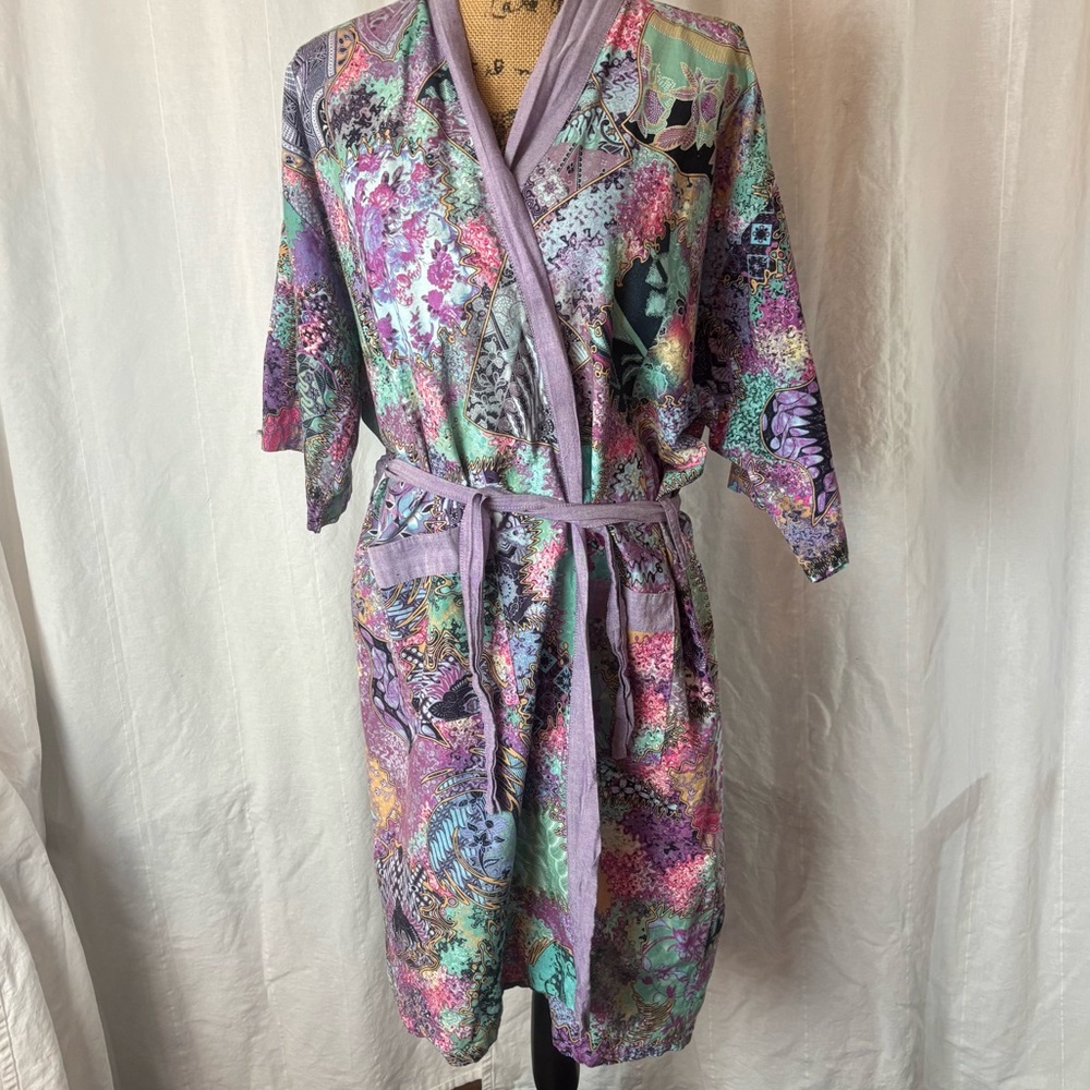 Brilliant Imports Women’s Robe Kimono Floral Paisley Purple Blue OSFM Hand Made